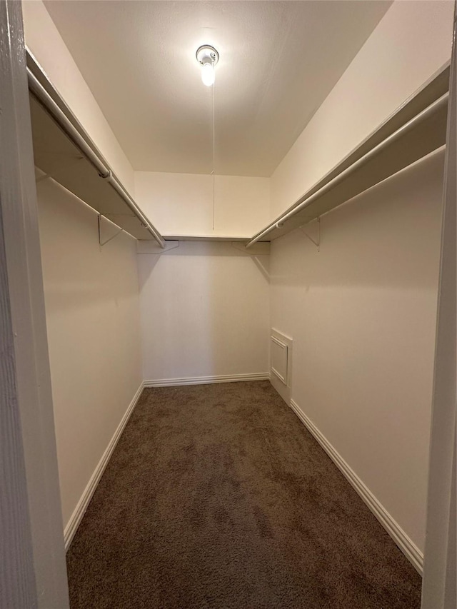 walk in closet featuring dark carpet