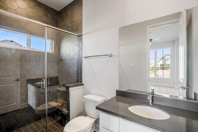 bathroom with plenty of natural light, vanity, a shower with door, and toilet