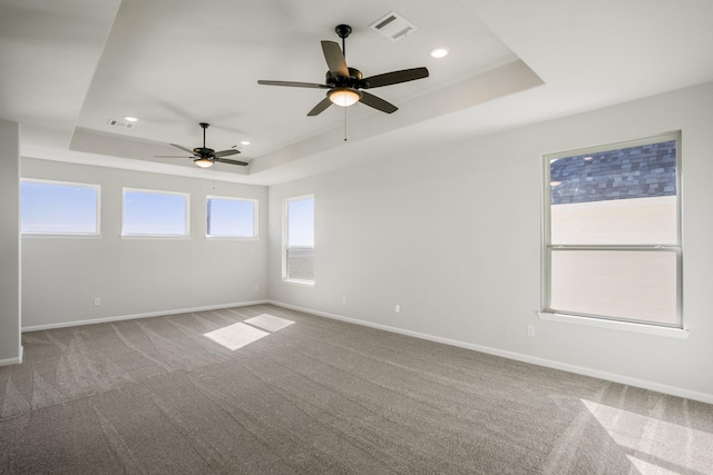 carpeted spare room with a raised ceiling, a wealth of natural light, and ceiling fan