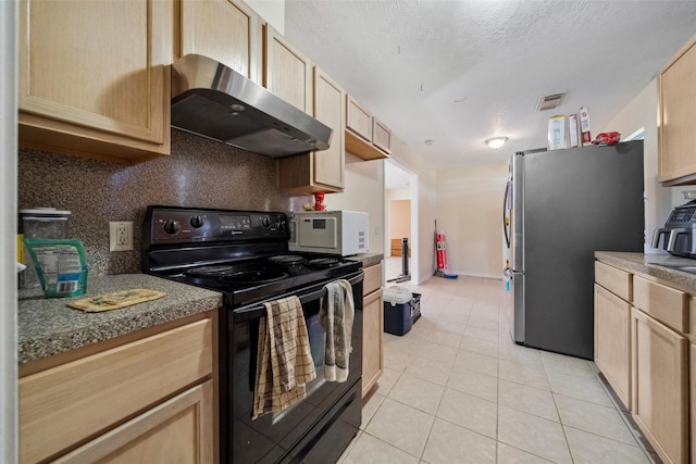 kitchen with light brown cabinetry, ventilation hood, black electric range, light tile patterned floors, and stainless steel refrigerator