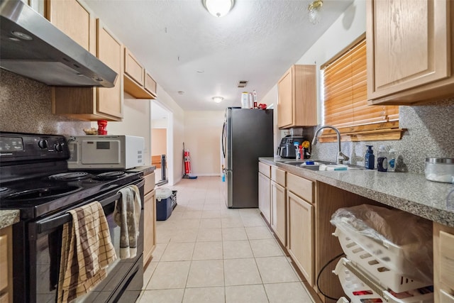 kitchen with light brown cabinetry, sink, black / electric stove, stainless steel refrigerator, and range hood