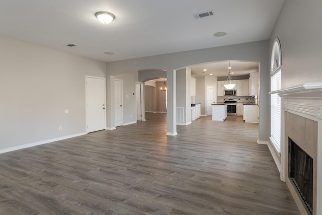 unfurnished living room featuring sink and dark wood-type flooring