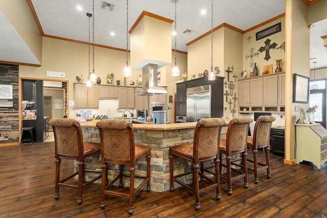 kitchen featuring appliances with stainless steel finishes, a towering ceiling, island range hood, and backsplash