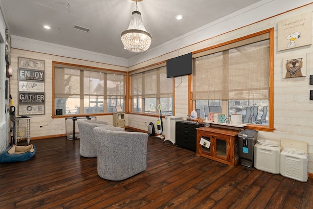 living room featuring a notable chandelier and dark wood-type flooring