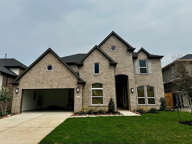1412 River Point Dr, Friendswood, TX 77546 - french country style house with an attached garage, concrete driveway, a front yard, and brick siding