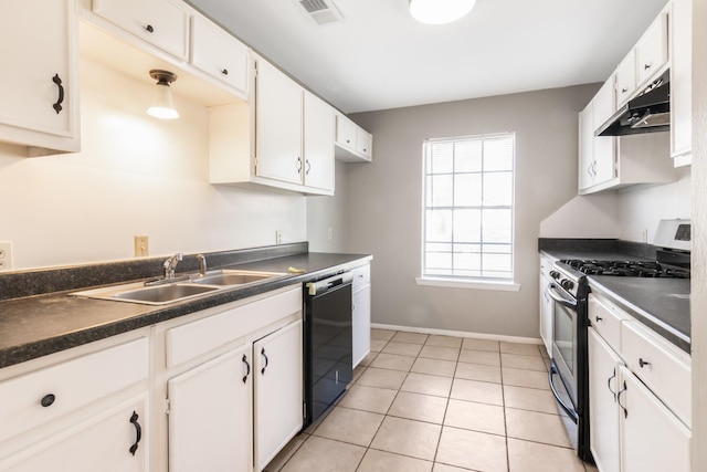 kitchen featuring sink, dishwasher, light tile patterned floors, stainless steel gas range, and white cabinets