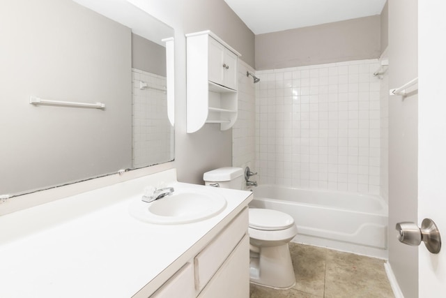 full bathroom featuring shower / tub combination, tile patterned floors, vanity, and toilet