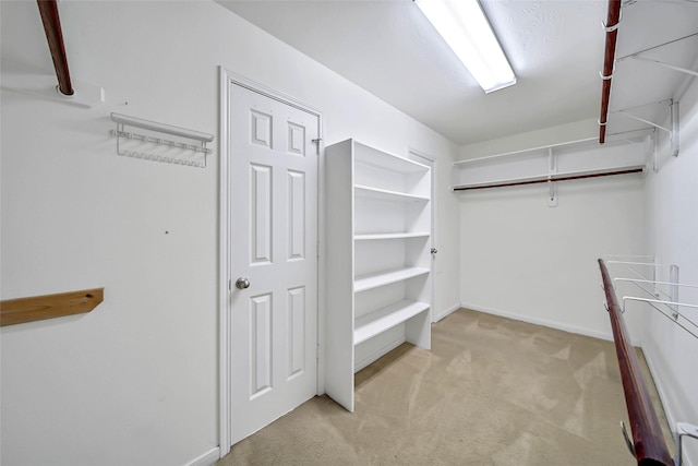 walk in closet featuring light carpet