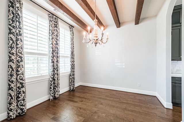 unfurnished dining area with beamed ceiling, dark hardwood / wood-style flooring, and a chandelier