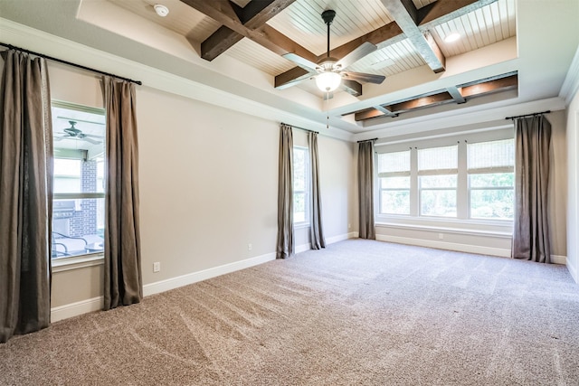 unfurnished room featuring beamed ceiling, ceiling fan, carpet floors, and coffered ceiling