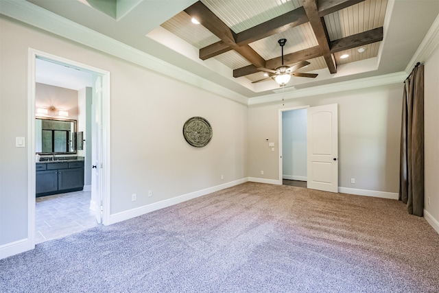 unfurnished bedroom with light carpet, ornamental molding, coffered ceiling, beam ceiling, and wooden ceiling