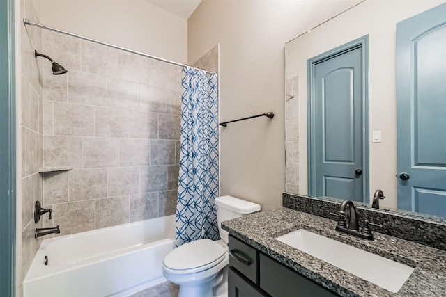 full bathroom with shower / bath combo, toilet, and vanity