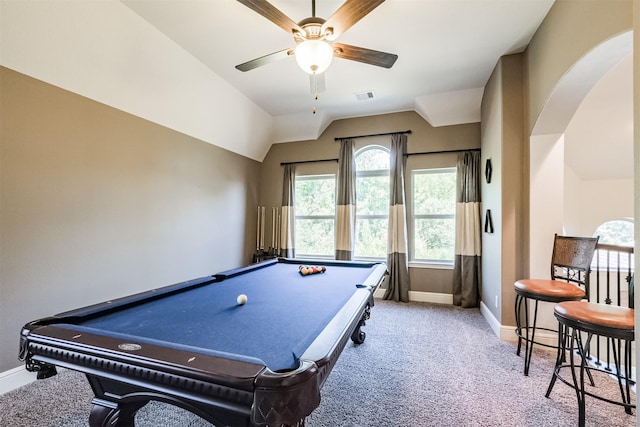 recreation room with light carpet, ceiling fan, vaulted ceiling, and pool table