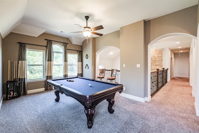 playroom featuring light carpet, ceiling fan, vaulted ceiling, and pool table