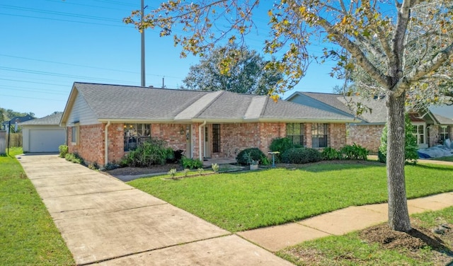 ranch-style home with a front yard and a garage