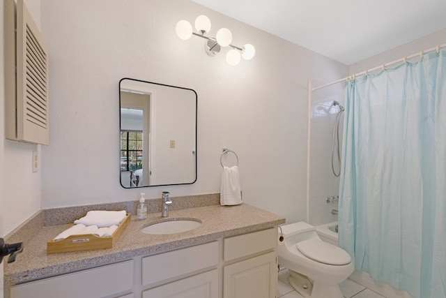 full bathroom featuring tile patterned floors, shower / bath combination with curtain, toilet, and vanity