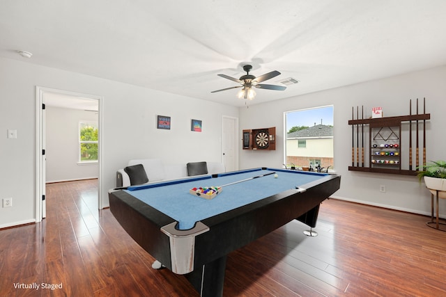 recreation room with ceiling fan, dark hardwood / wood-style floors, and pool table