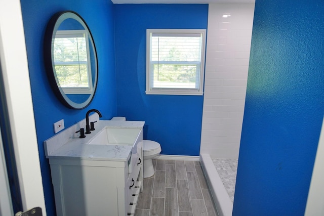 bathroom featuring a shower, vanity, and toilet