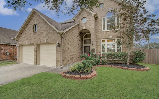 view of front of home featuring a front yard and a garage