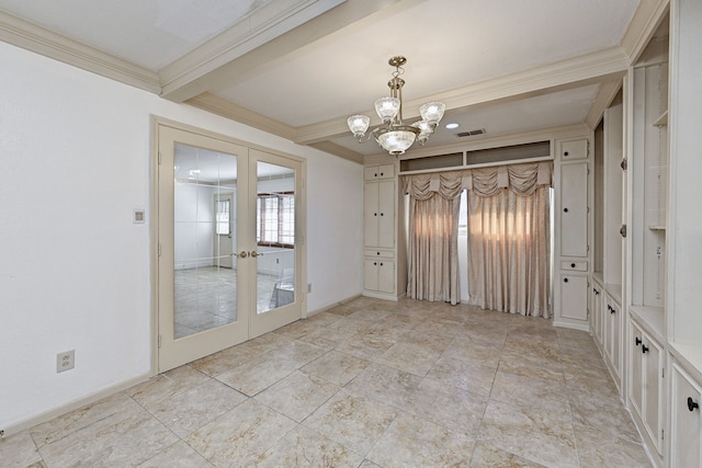 unfurnished dining area with french doors, crown molding, and beamed ceiling