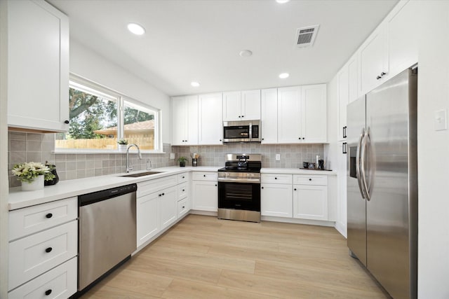 kitchen featuring backsplash, stainless steel appliances, white cabinetry, and sink