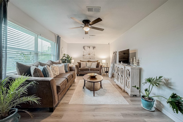 living room featuring ceiling fan and light hardwood / wood-style flooring