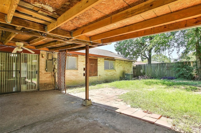 view of patio with ceiling fan and central air condition unit