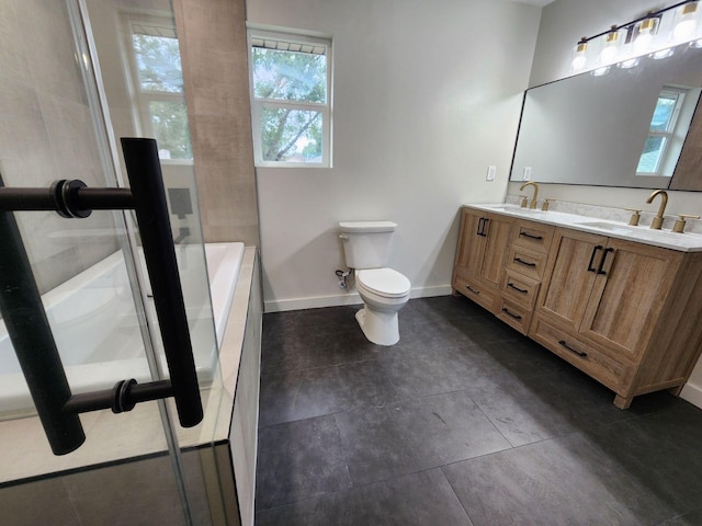 full bathroom featuring vanity, toilet, and independent shower and bath