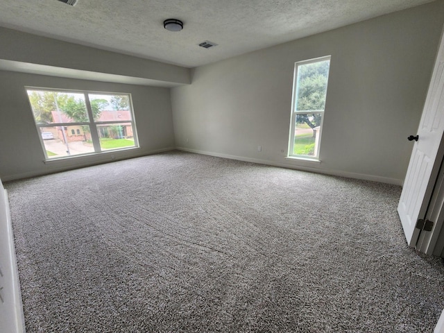 carpeted empty room featuring a textured ceiling