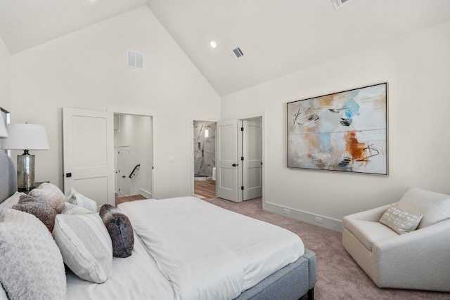 bedroom featuring light carpet and high vaulted ceiling