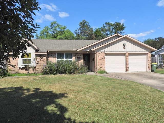 ranch-style home with a front yard and a garage