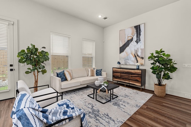 living room featuring dark hardwood / wood-style floors