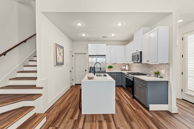 kitchen featuring gray cabinets, tasteful backsplash, sink, stainless steel appliances, and a center island with sink