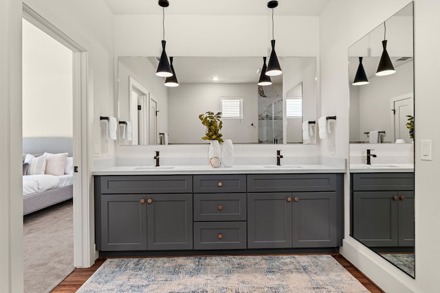 bathroom with hardwood / wood-style flooring and vanity