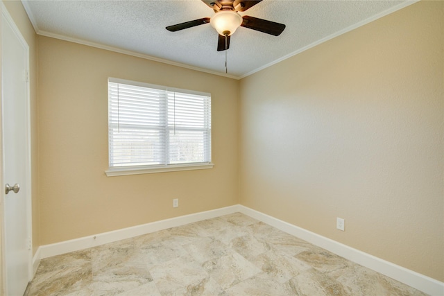 empty room featuring a textured ceiling, ceiling fan, and crown molding