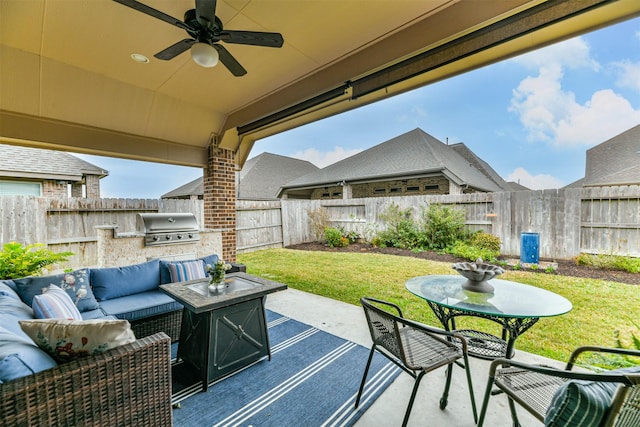 view of patio featuring outdoor lounge area, ceiling fan, and a grill