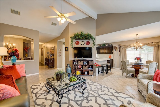 tiled living room with beam ceiling, ceiling fan with notable chandelier, and high vaulted ceiling