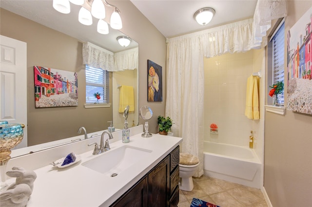 full bathroom featuring tile patterned flooring, shower / bath combination with curtain, toilet, and vanity