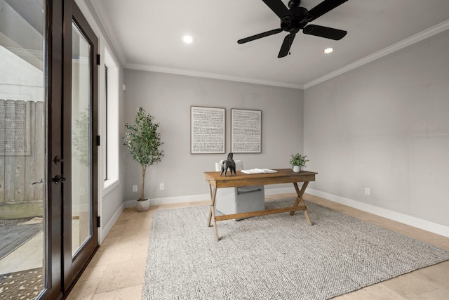 office space featuring crown molding and ceiling fan