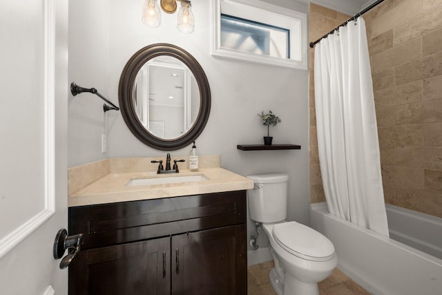 full bathroom with vanity, shower / bath combination with curtain, and toilet