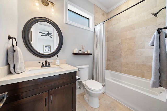 full bathroom featuring ceiling fan, crown molding, toilet, shower / tub combo with curtain, and vanity