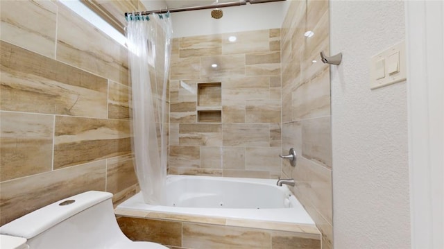 bathroom with toilet and shower / bathtub combination with curtain