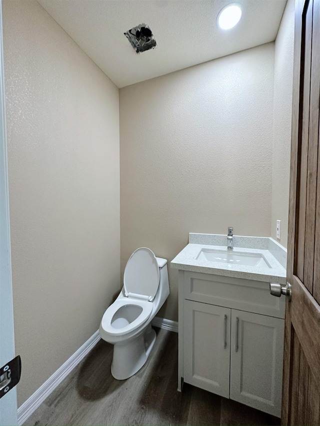 bathroom with vanity, toilet, and wood-type flooring