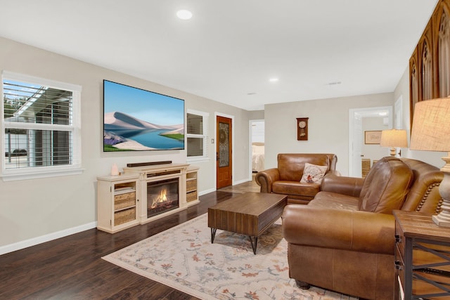 living room with dark hardwood / wood-style floors