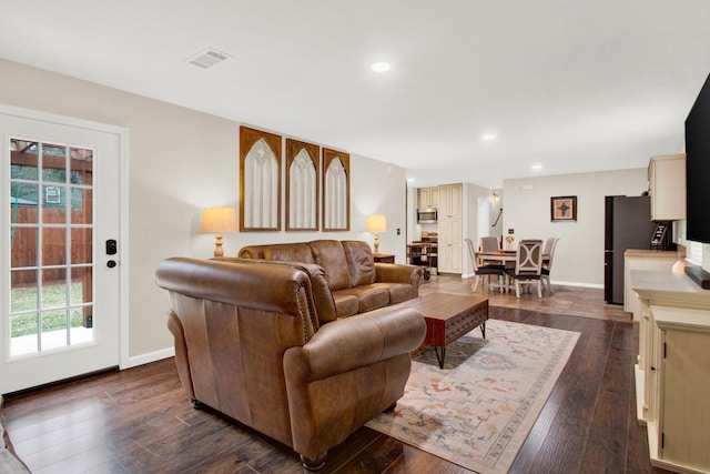 living room with dark hardwood / wood-style floors