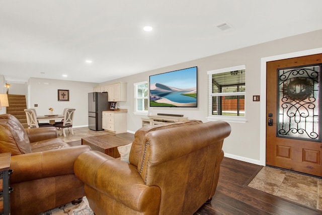 living room featuring dark wood-type flooring