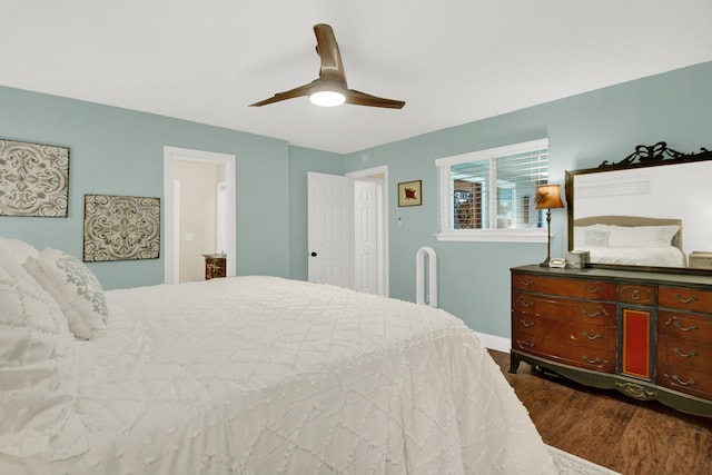 bedroom featuring ceiling fan and dark wood-type flooring