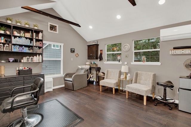 office featuring lofted ceiling with beams, dark wood-type flooring, and a wall mounted AC