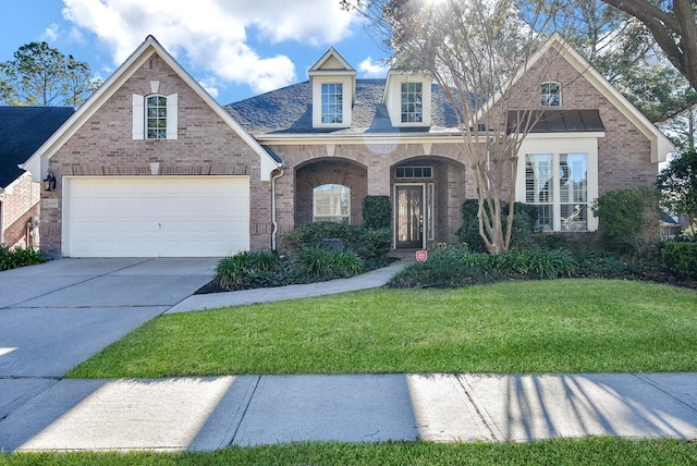 view of front of house featuring a garage and a front lawn