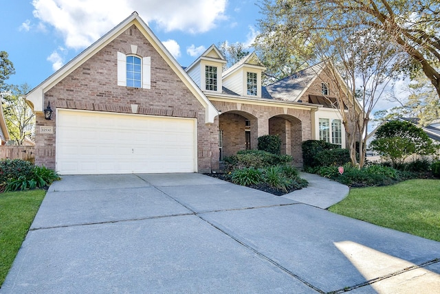 view of front of property featuring a garage and a front lawn